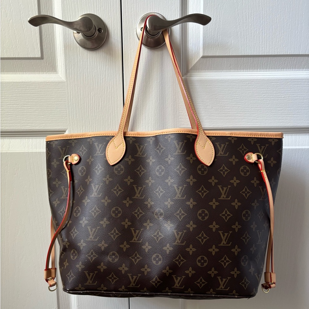 Designer Inspired brown Monogram coated canvas Tote - Brown with Tan Trim - Picture 2 of 16